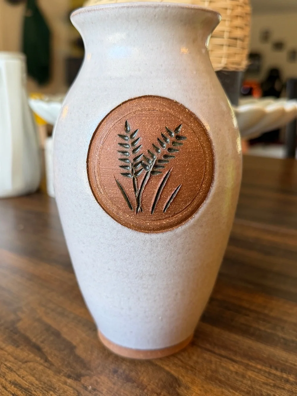 Neutral Ceramic Vase with Wheat Medallion
